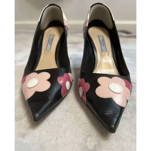 Prada Black Leather Floral Low Heel Pump 37